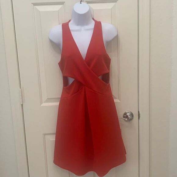 Express Size 8 Little Red Dress V Neck Side Cutouts Fit & Flare Zipper Back - Picture 1 of 11